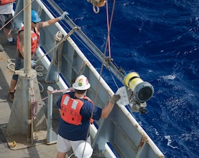 The ultra short baseline is a transmitter strapped onto a long metal pole. It's dropped underneath the ship and, along with the ship's GPS, is used to triangulate the position of the AUV-Sentry.