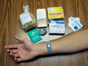 Nick has the following to combat sea-sickness: ginger candy, ginger gum, mint tea, two types of motion sickness pills, sea-sickness patches, and wristbands for pressure points.