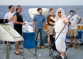 Erik, the chief mate, is dressed as Neptune, with a duct-taped trident and a mop for a wig.