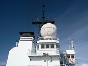 The HiSeasNet receiver is a large sphere mounted on top of the bridge of the ship.