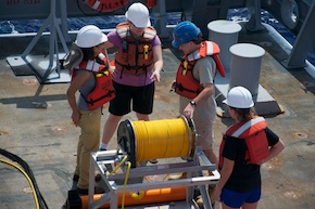 Maggie the magnetometer is dragged behind the boat on a long cable.