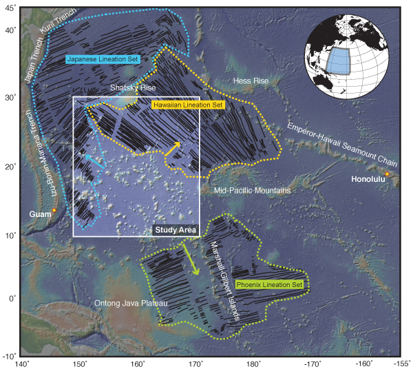 The study area for this research cruise is located at 20 degrees north,160 degrees east, roughly 2000 km off the eastern coast of Guam. The Jurassic seafloor we will be measuring lies at the intersection of three blocks of younger crust, all of which show strong magnetic anomalies.