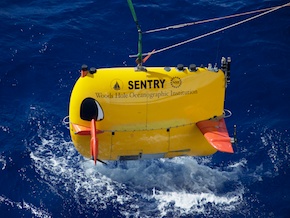 The autonomous underwater vehicle, Sentry, is about 1 foot wide 4 feet long, and 3 feet tall. It has four controllable fins with propellors. It's lowered from the boat into the water by a crane and controlled remotely, from the ship.